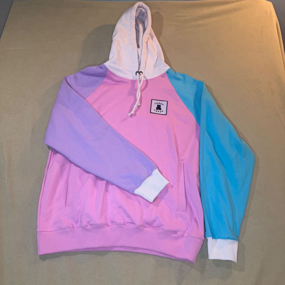 Teddy Fresh Pastel Colorblock Hoodie Mens Large Pink Blue Purple 100% Cotton